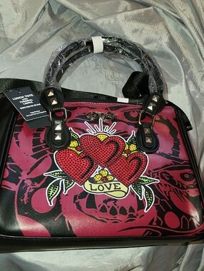 Ed Hardy Lunch Tote Red Gem Heart Graphic with 'Love' Motif HL